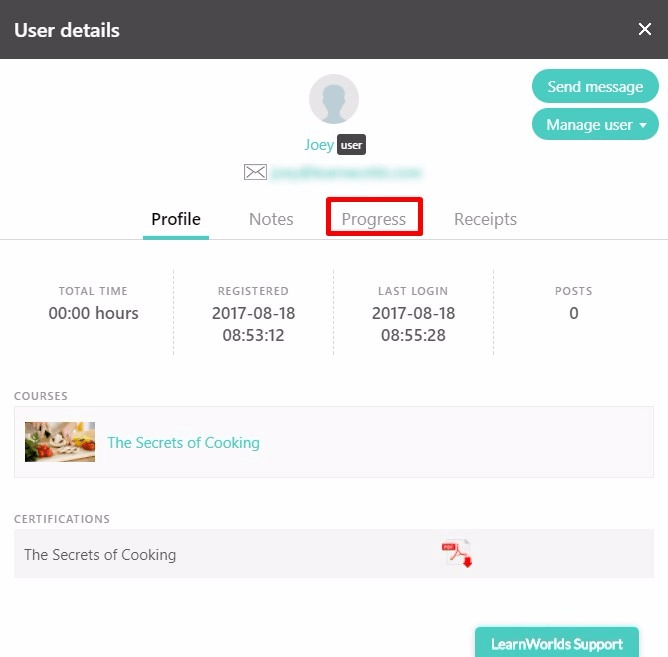 User profile information from LearnWorlds' backend admin.