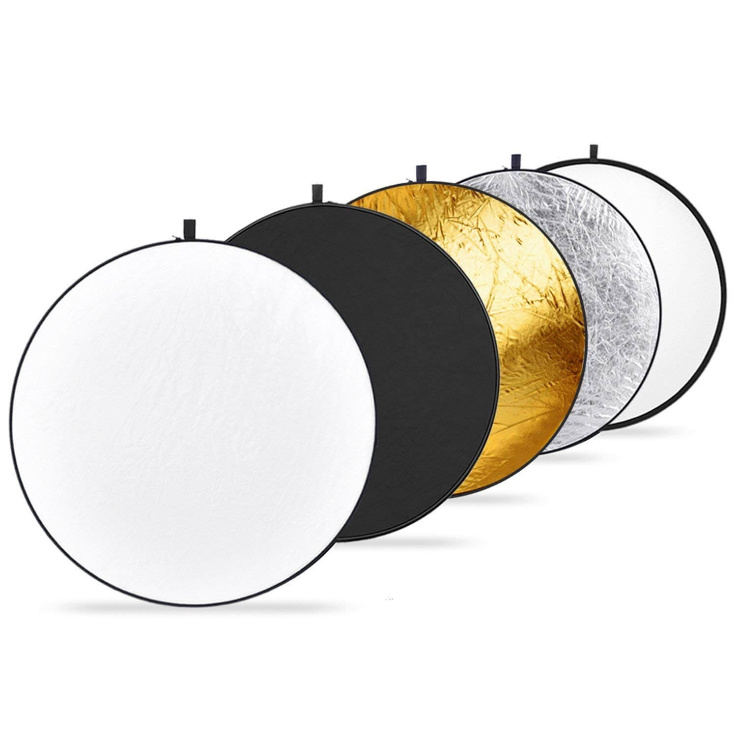 5 in 1 reflector example with different lights: white, black, gold, silver, no cover.
