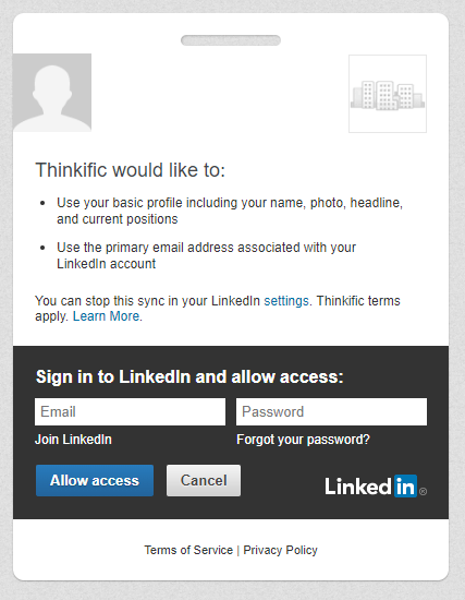 thinkific linkedin login non-white-label