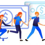 Illustration showing people holding each other while walking.