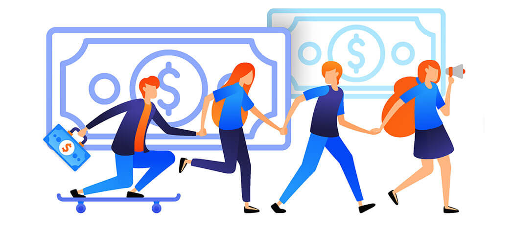 Illustration showing people holding each other while walking.