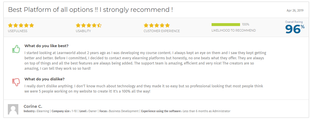 Elearning Industry reviews on the LearnWorlds Course Platform.