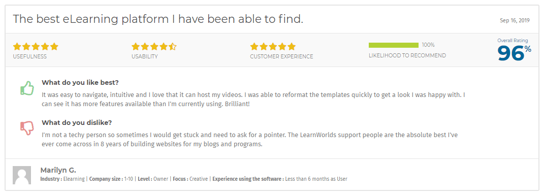 Elearning Industry reviews on the LearnWorlds Course Platform.