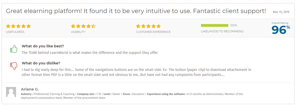 Elearning Industry reviews on the LearnWorlds Course Platform.
