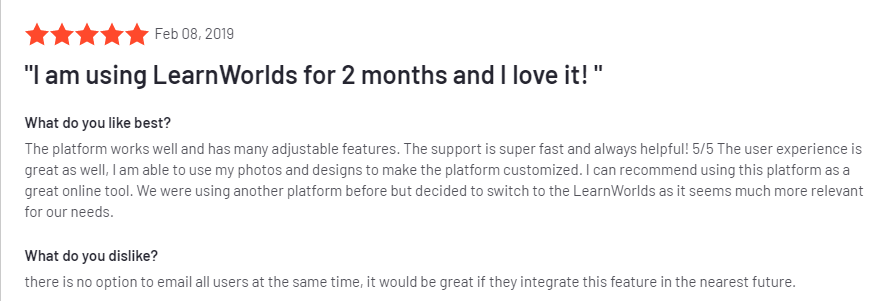 G2 reviews on the LearnWorlds Course Platform.