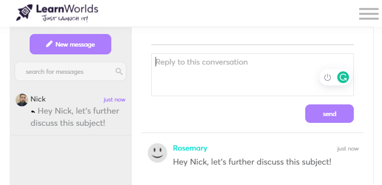 Learnworlds community private message screenshot