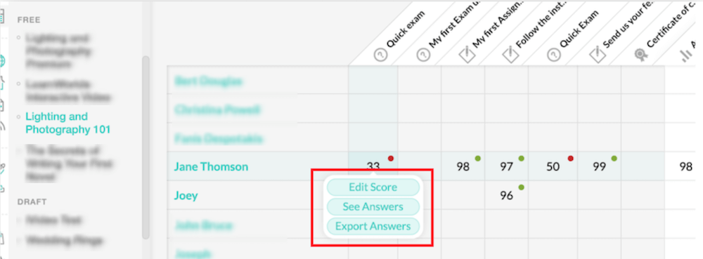 a screenshot showing the view of the gradebook inside LearnWorlds
Image