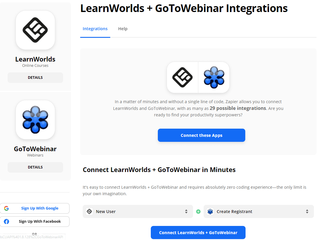 Connecting LearnWorlds wtih GoToWebinar using Zapier