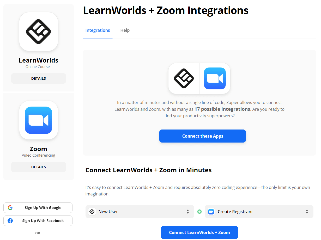 Connecting LearnWorlds wtih Zoom using Zapier