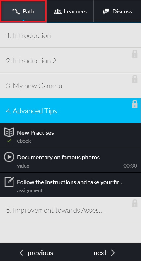 a screenshot showing the student navigation path inside a LearnWorlds course