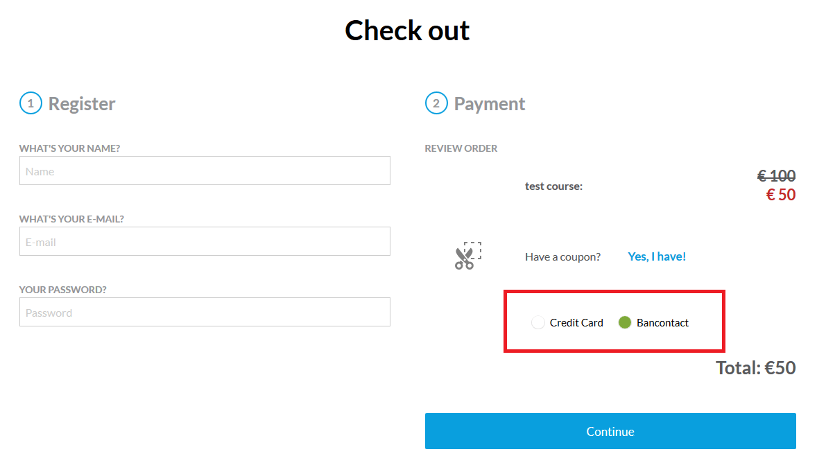How Bancontact looks on LearnWorlds' checkout