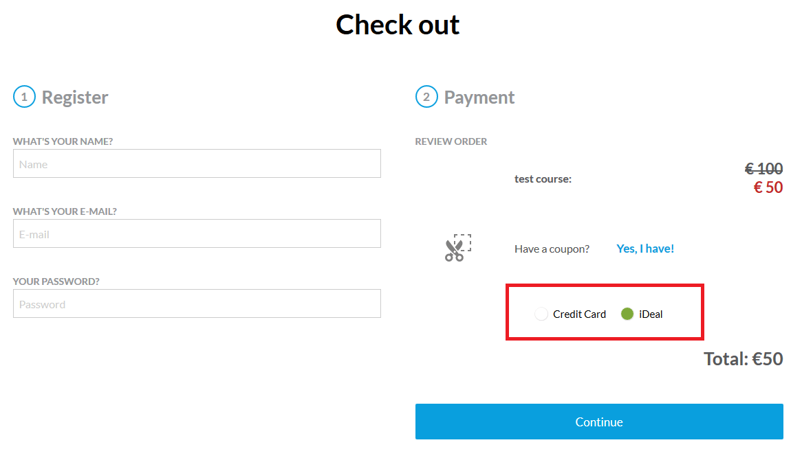 how iDeal looks on LearnWorlds'Checkout