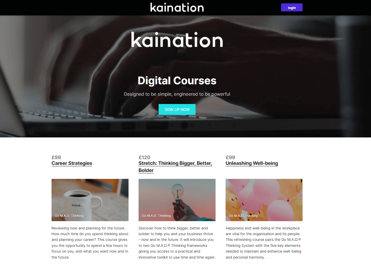 kaination screenshot of the homepage