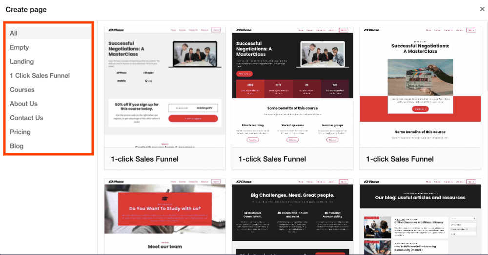 choosing an elearning page template on LearnWorlds' site builder