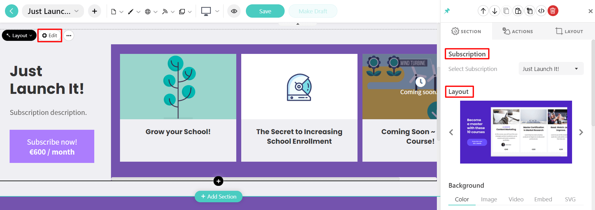 Example of subscription page on LearnWorlds