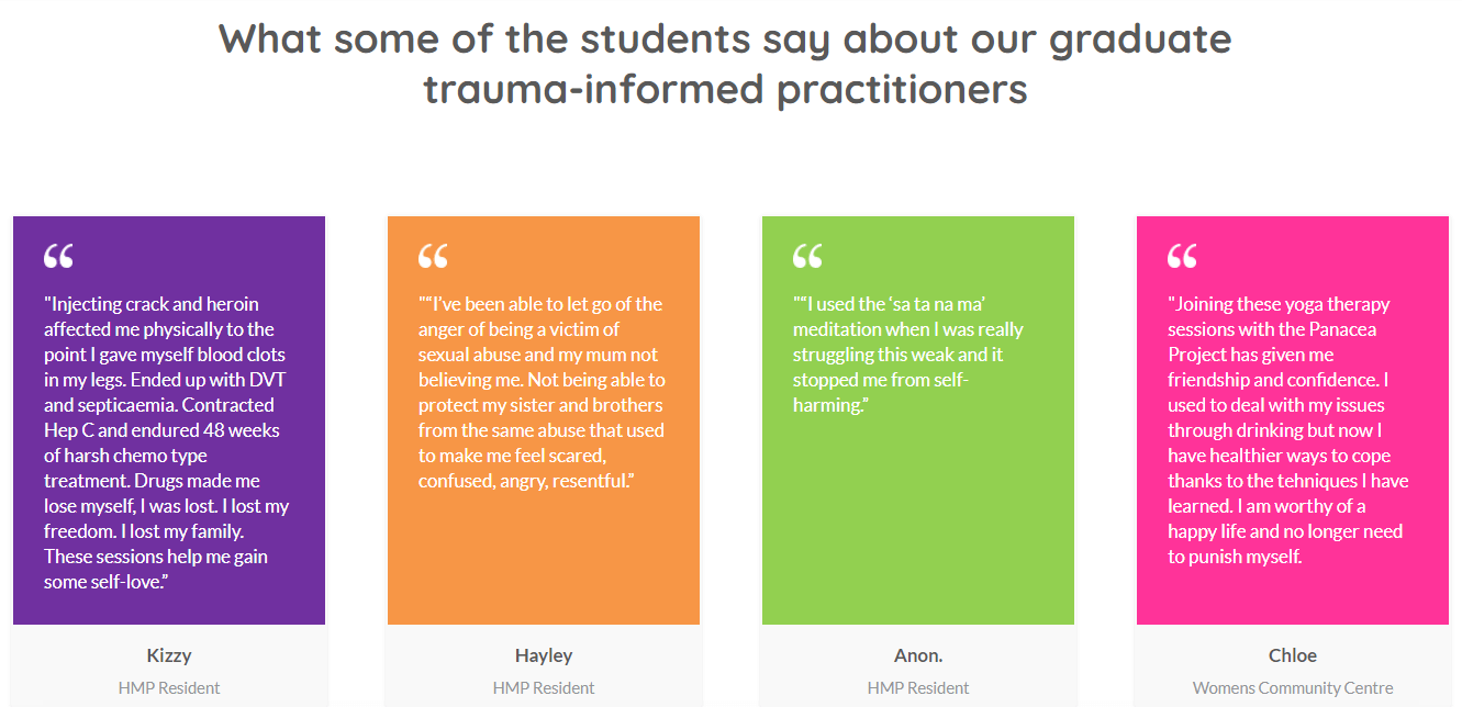 A screenshot of student testimonials on a LearnWorlds yoga academy.
