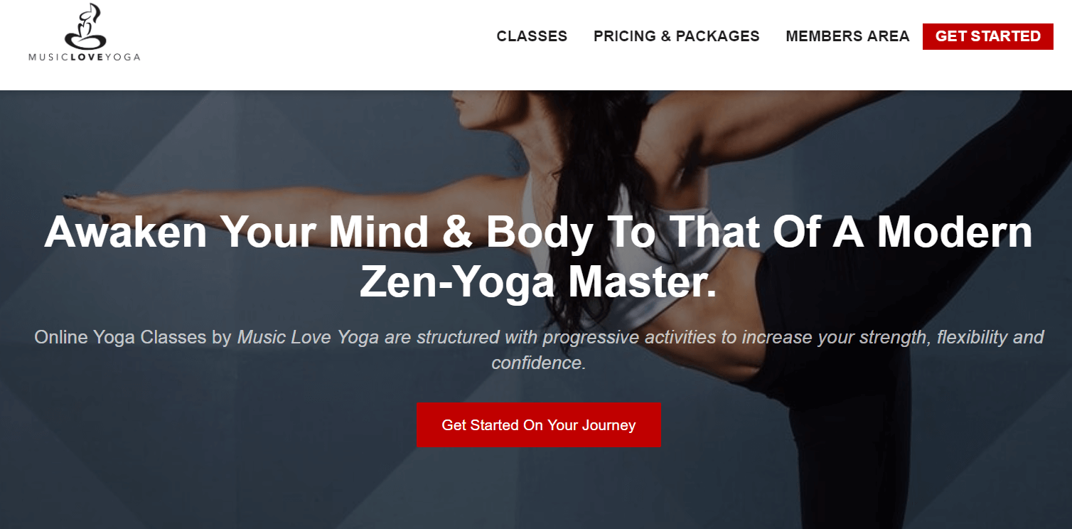 A screenshot showing the website of Music Love Yoga to awaken your mind and body