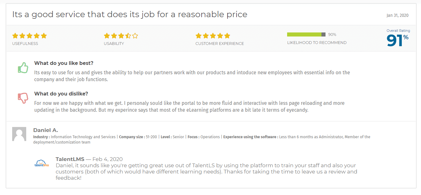 Talent LMS review on elearning industry