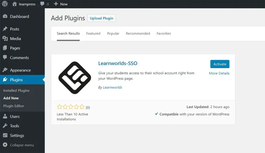 LearnWorlds SSO WordPress plugin screenshot