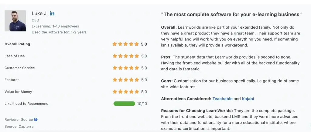 a screenshot of a LearnWorlds review