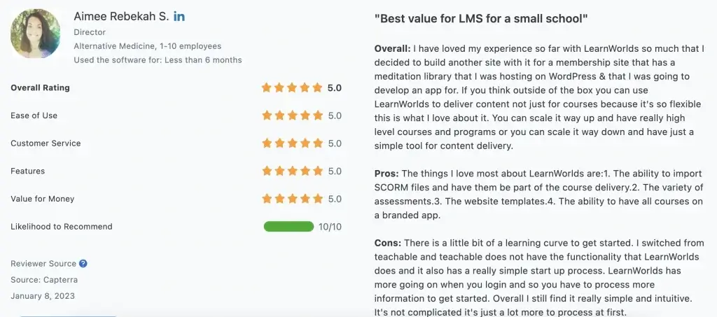 a screenshot of a LearnWorlds review
