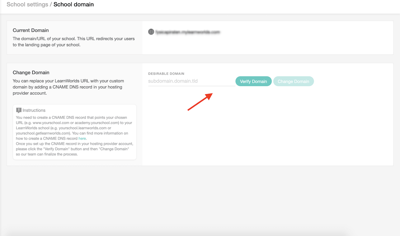 how to change domain on LearnWorlds