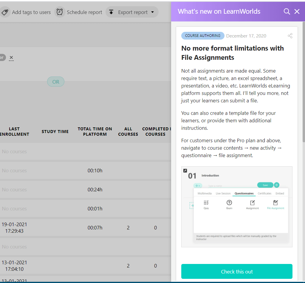 how LearnWorlds' changelog looks on a school account