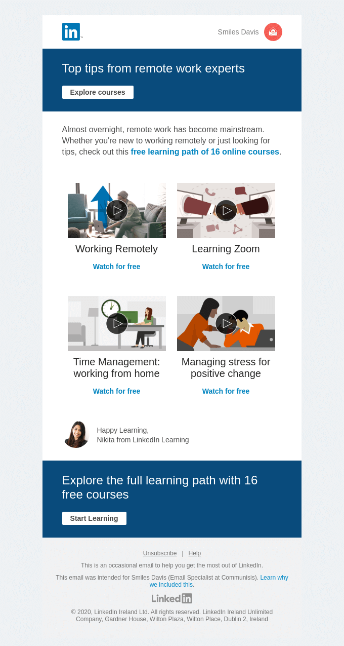 An image showing LinkedIn Learning's customer retention email example.
