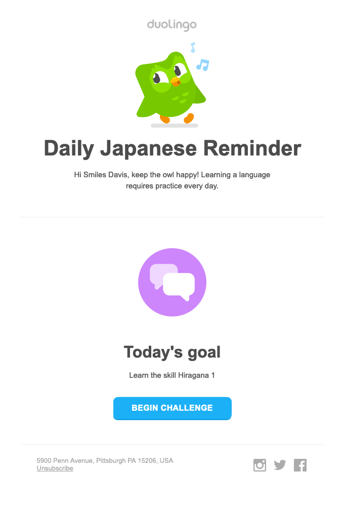 An image showing duolingo's daily email goals challenge