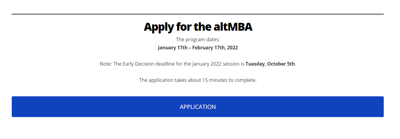 A screenshot of AltMBA's website showing course enrollment dates.