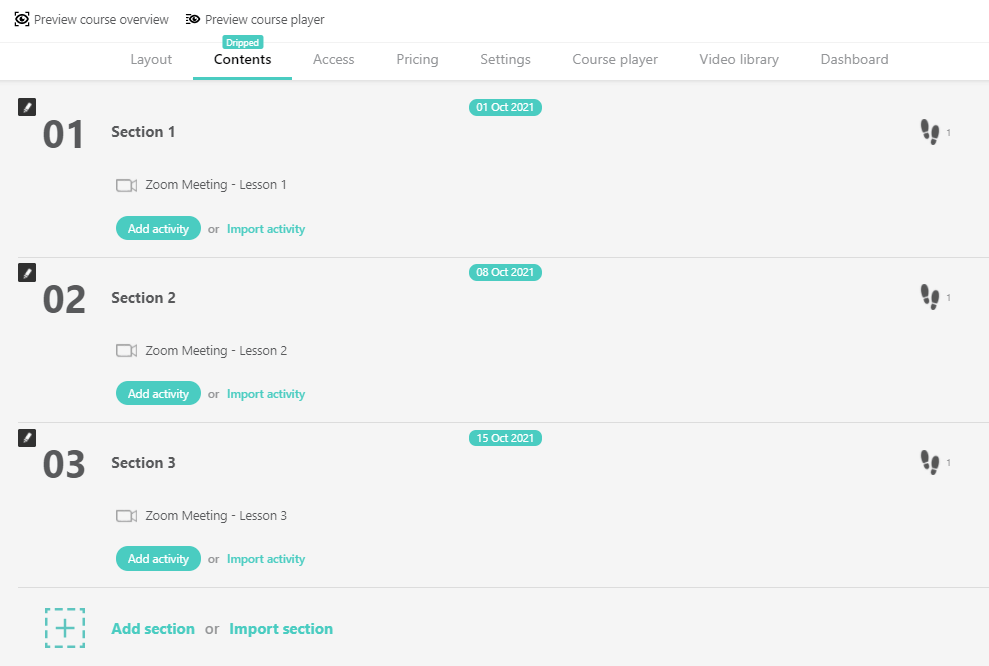 A screenshot showing the course outline with the drip-feed option.