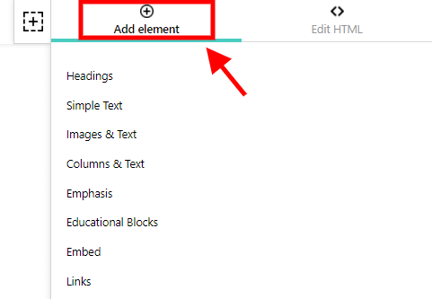 A screenshot showing how to add more elements to the ebook authoring page inside LearnWorlds.