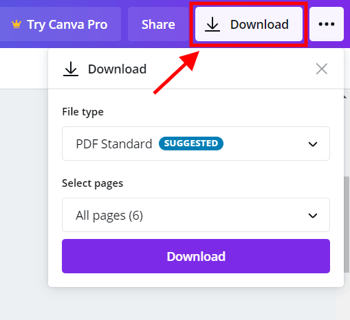 A screenshot showing how to download your ebook in Canva.