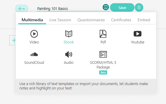 A screenshot showing how to create an ebook as a learning activity in LearnWorlds.