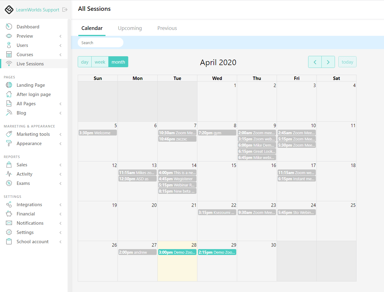 A screenshot of the Zoom calendar view inside LearnWorlds.