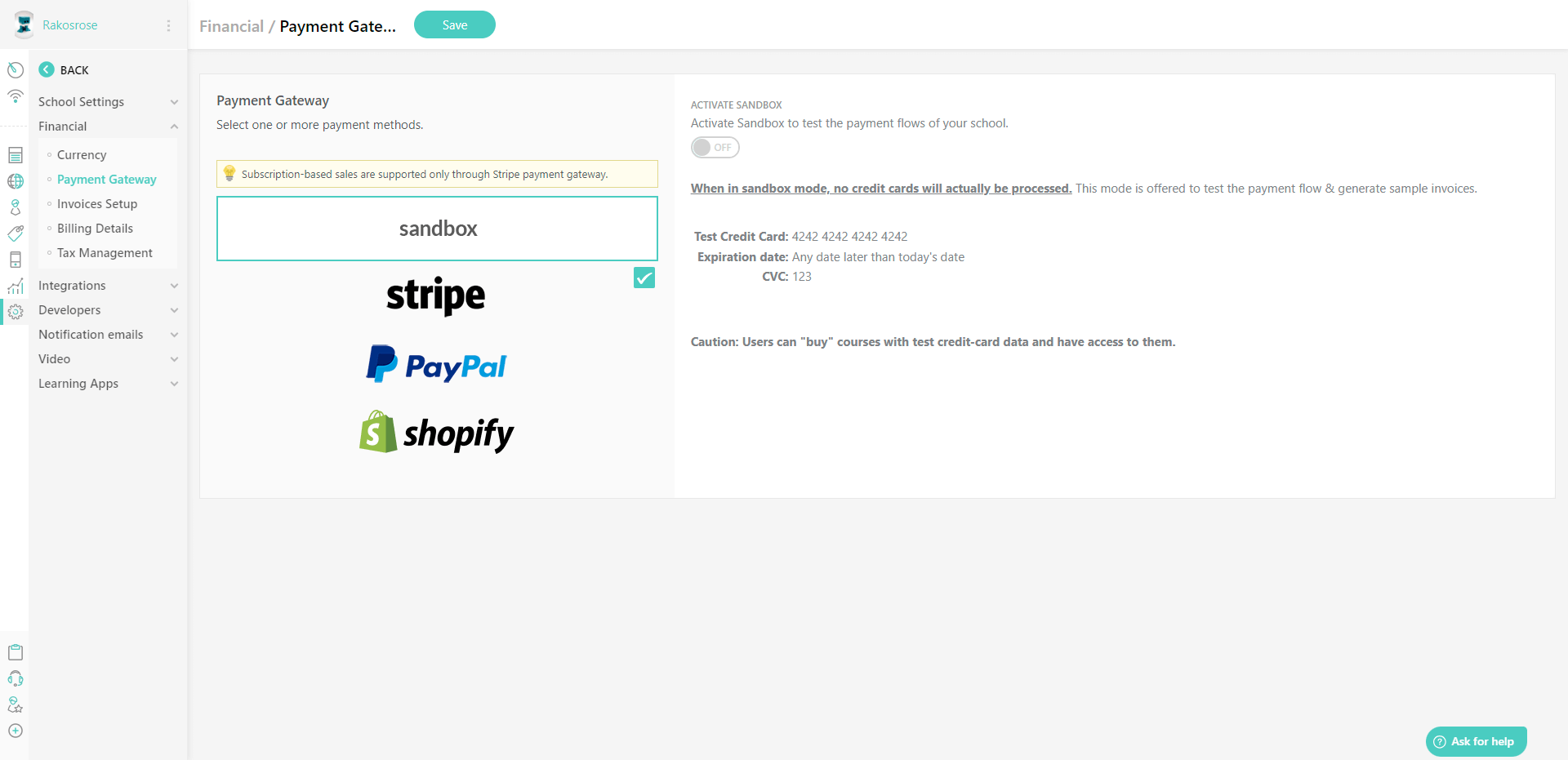 LearnWorlds payment gatewasy dashboard screenshot