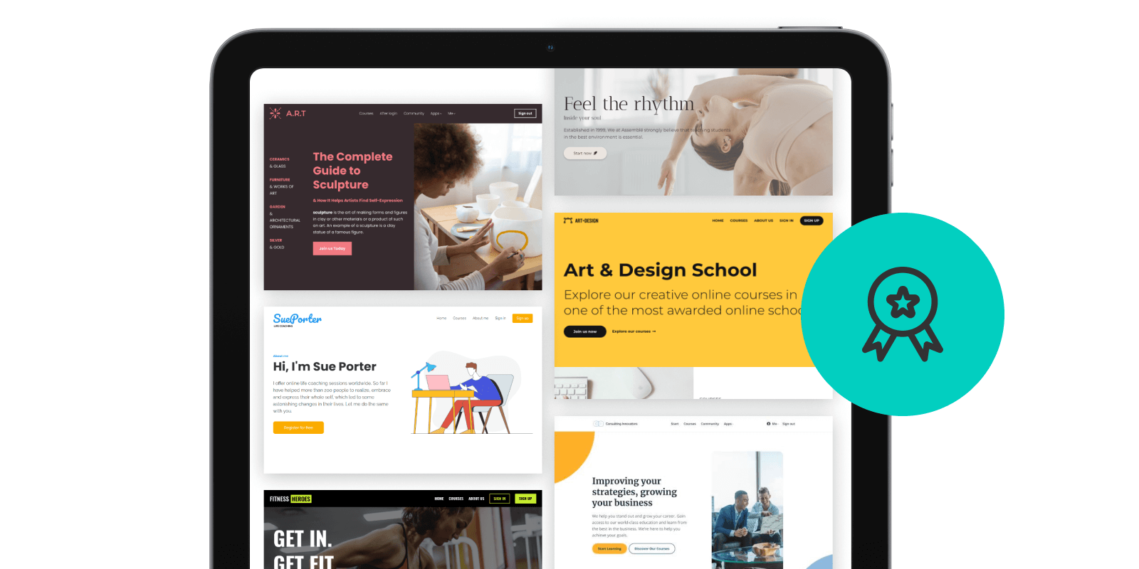 The best online course landing pages, in this image you can see an example of a landing page with different zones inside a tablet format.