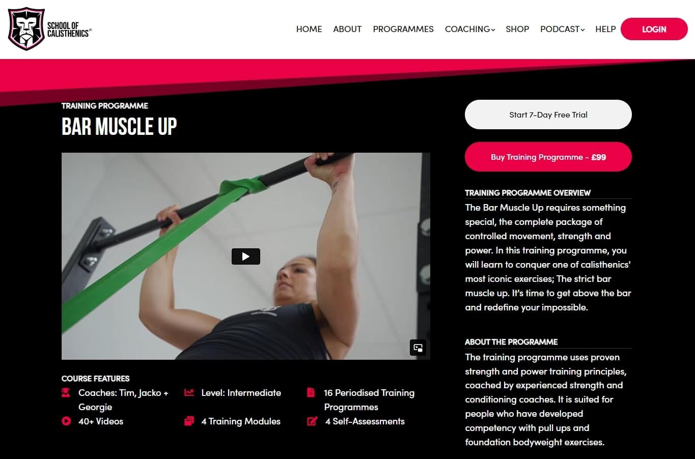 Example of a course landing page by Calisthenics, showing a course about bar muscle up exercises.