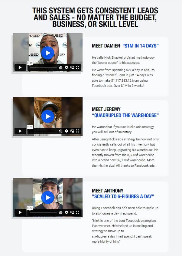 An example of how video testimonials can be used for a course landing page.