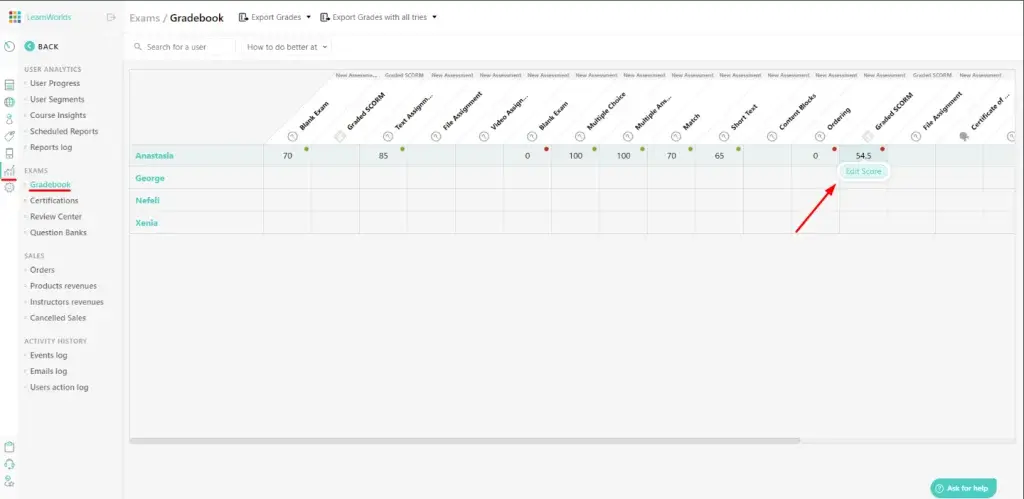 Example of an online gradebook in LearnWorlds