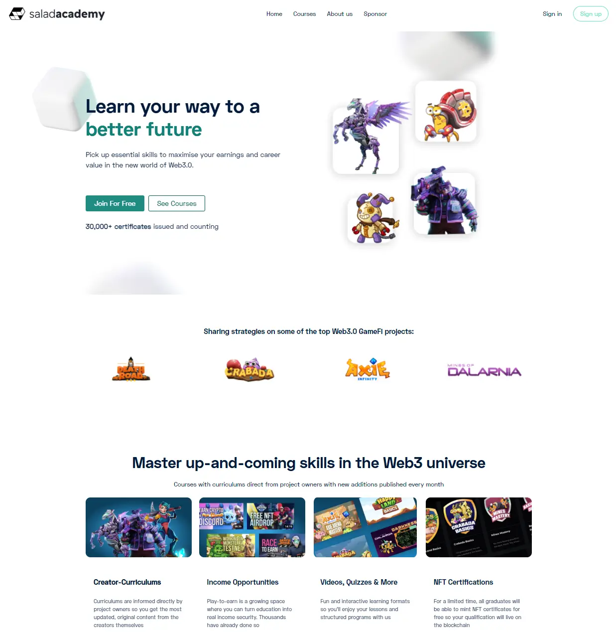 a screenshot of Salad Academy's landing page showing gaming figures
