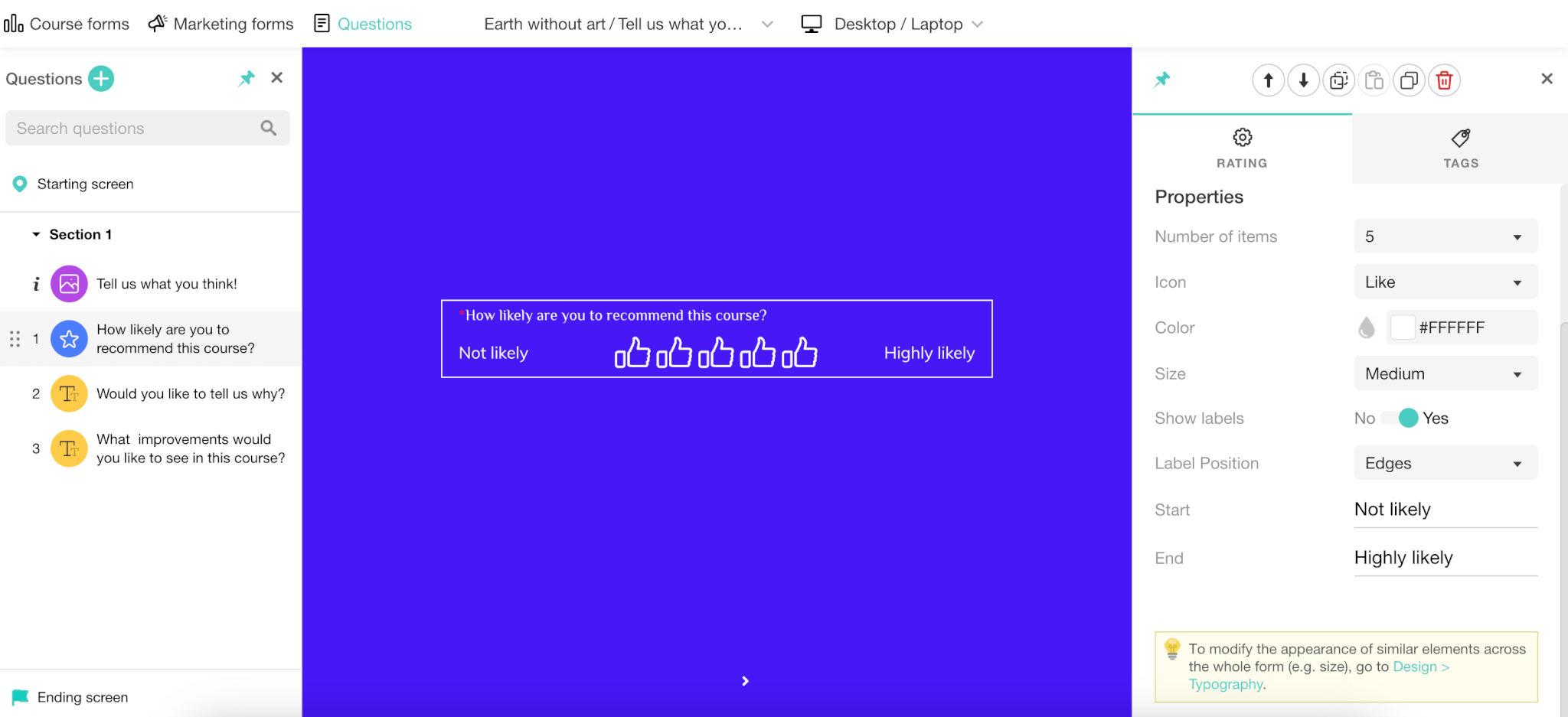 a screenshot of the Form builder in LearnWorlds, showing the editing menu