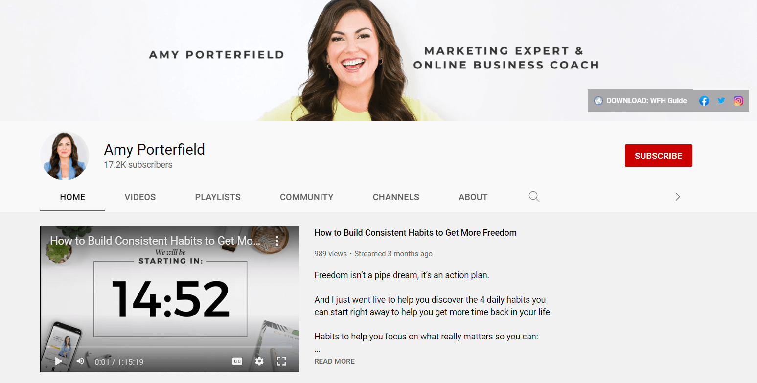 A screenshot of Amy Porterfield's YouTube channel.