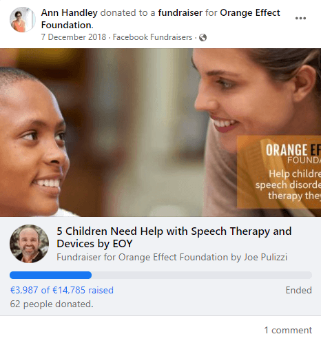 A screenshot of Ann Handley's Facebook fundraising post.