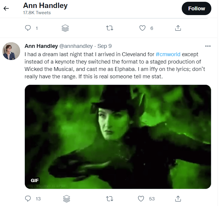 A screenshot of Ann Handley's Twitter post.