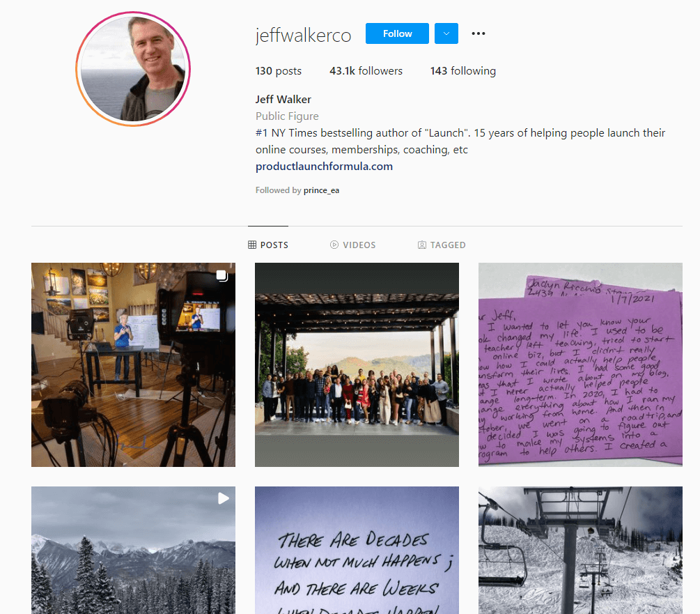 A screenshot of Jeff Walker's Instagram profile.