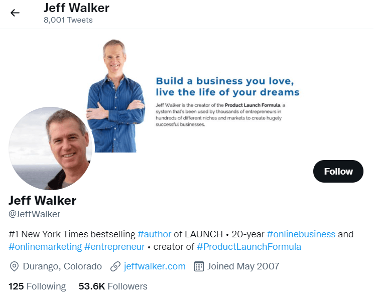 A screenshot of Jeff Walker's Twitter bio.