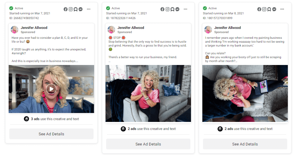 A screenshot showing Jennifer Allwood's Facebook ads.