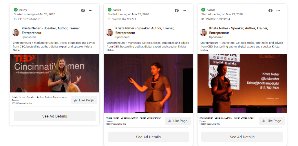 A screenshot showing Krista Neher's Facebook ads.
