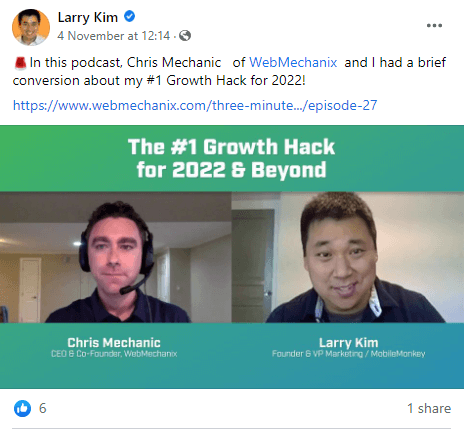 A screenshot of Larry Kim's Facebook post featuring a podcast clip.